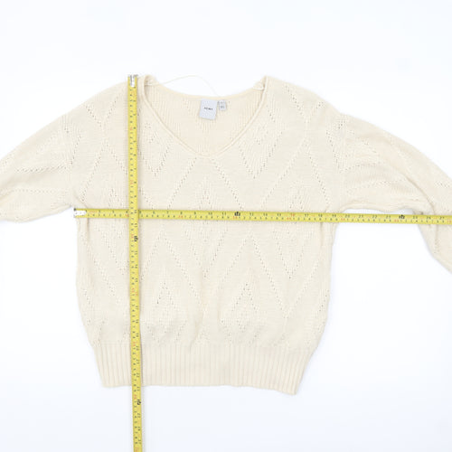 ICHI Women Ivory V-Neck Knit Pullover Jumper XS