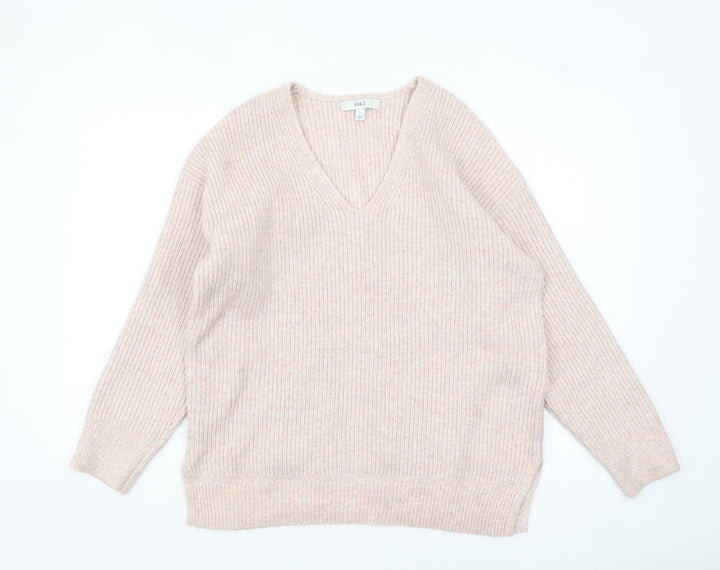 Marks and Spencer Women’s Beige V-Neck Ribbed Knit Jumper Size L