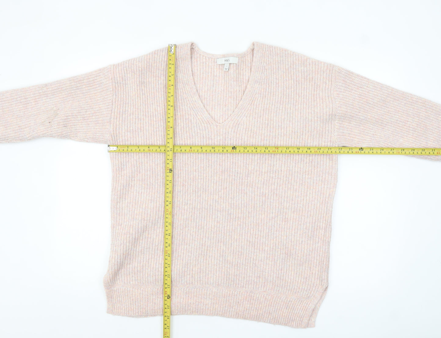Marks and Spencer Women’s Beige V-Neck Ribbed Knit Jumper Size L