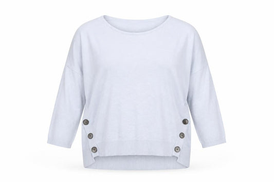 Front view of Phase Eight Women Blue L Boat Neck Button Detail 3/4 Sleeve Jumper