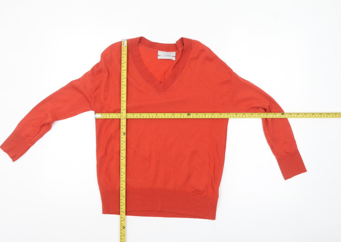 Marks and Spencer Women's Red Merino Wool V-Neck Jumper Size S