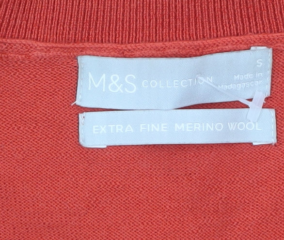 Marks and Spencer Women's Red Merino Wool V-Neck Jumper Size S