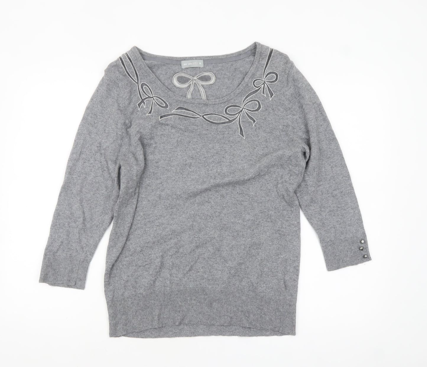 Marks and Spencer Women’s Grey 3/4 Sleeve Bow Knit Jumper Size 16