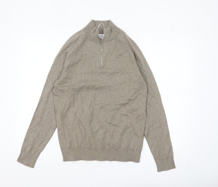 Marks and Spencer Men's Beige Cotton 1/2 Zip Jumper Size S Regular