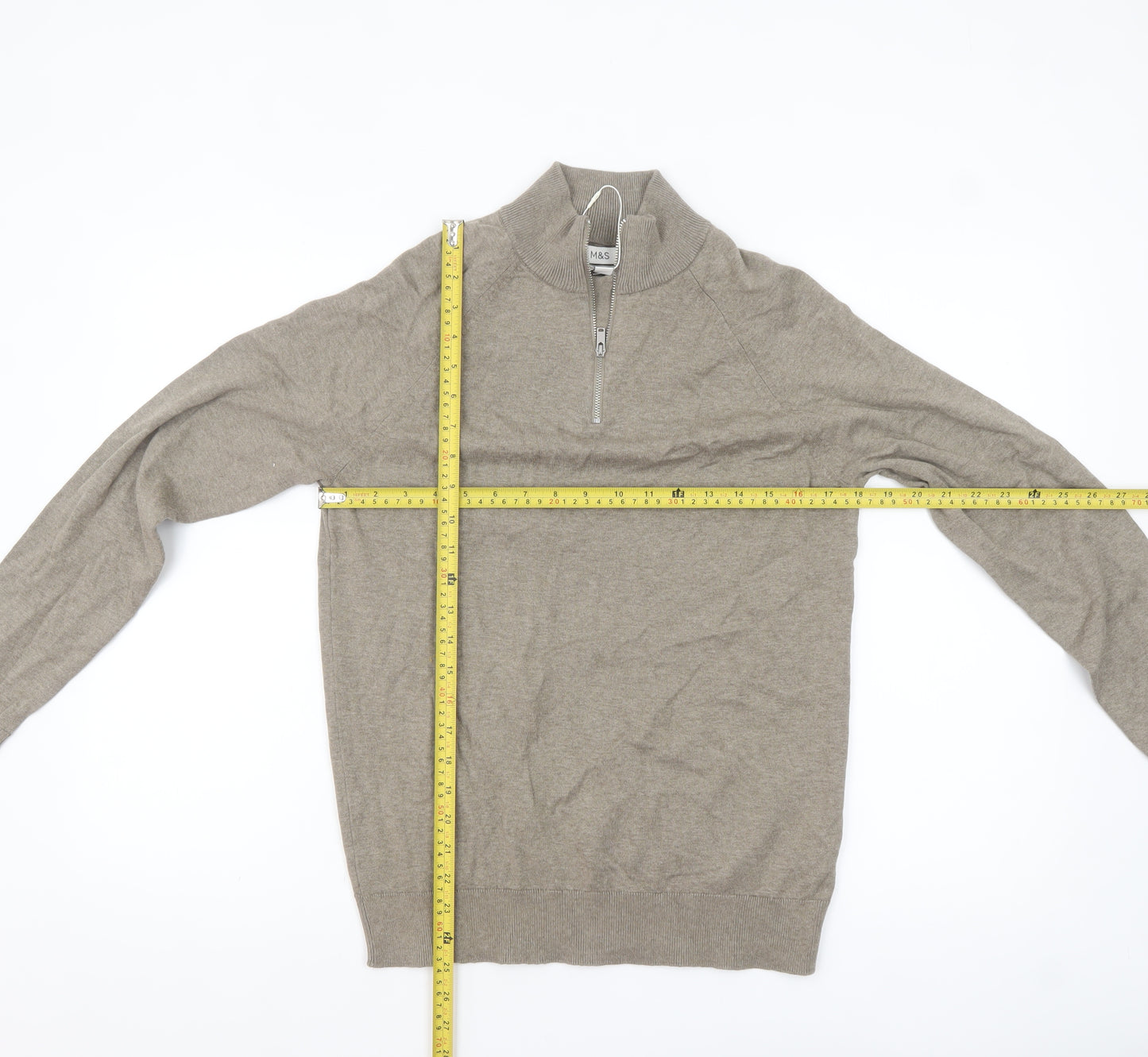 Marks and Spencer Men's Beige Cotton 1/2 Zip Jumper Size S Regular