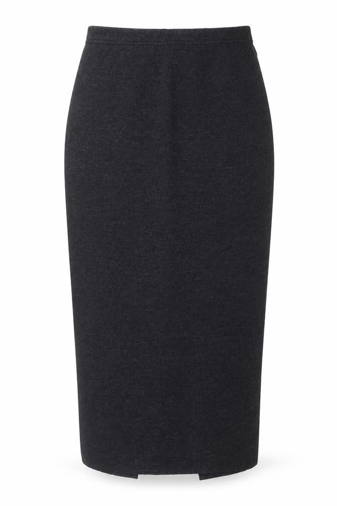 Front view of Lecomte women’s black wool blend midi pencil skirt, size UK 14