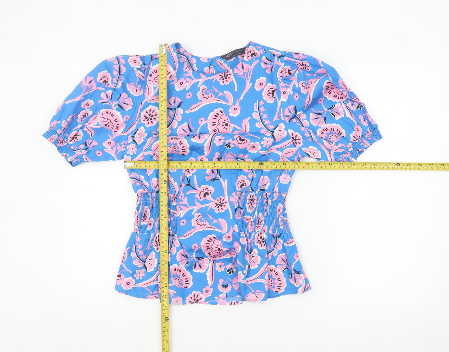 Marks and Spencer Women Blue Floral Cotton Tunic Blouse Size 6