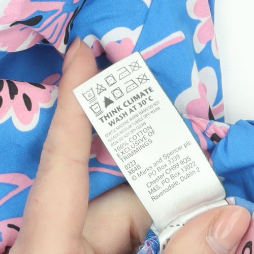 Marks and Spencer Women Blue Floral Cotton Tunic Blouse Size 6