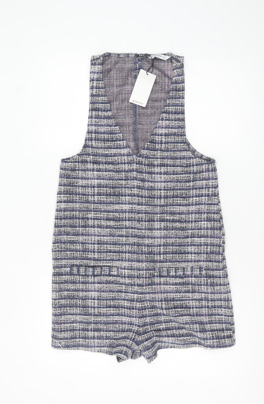 Stradivarius Women Blue Tweed Sleeveless V-Neck Playsuit Size S