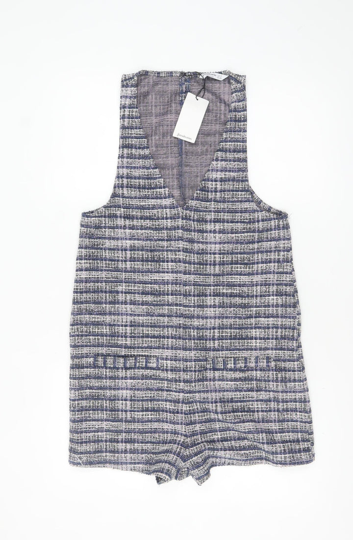 Stradivarius Women Blue Tweed Sleeveless V-Neck Playsuit Size S
