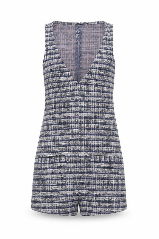 Stradivarius Women Blue Tweed Sleeveless V-Neck Playsuit Size S