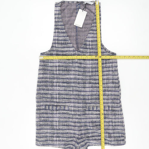 Stradivarius Women Blue Tweed Sleeveless V-Neck Playsuit Size S