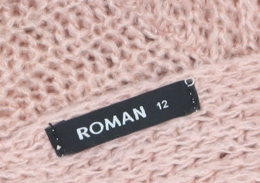 Roman Women’s Pink Chunky Knit V-Neck Pullover Jumper Size 12