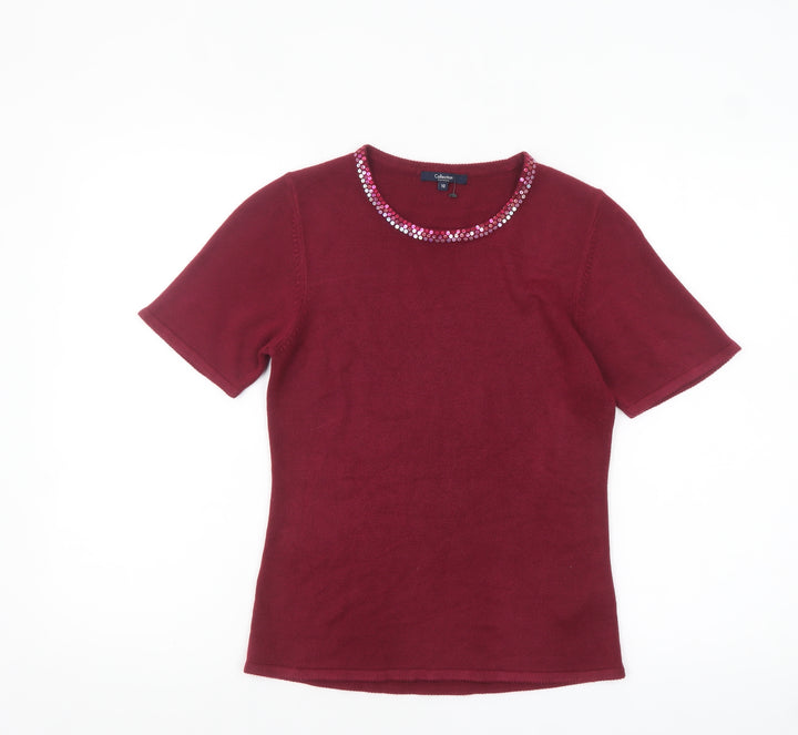 Debenhams Women Red Sequin Crew Neck Short Sleeve Jumper Size 10