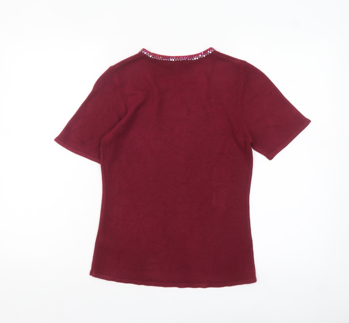 Debenhams Women Red Sequin Crew Neck Short Sleeve Jumper Size 10
