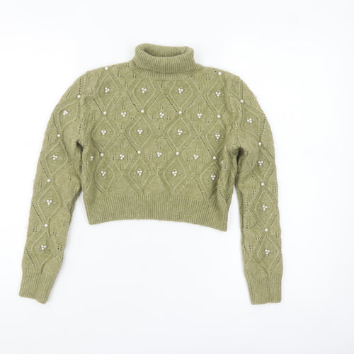 Zara Women Green Roll Neck Beaded Cable-Knit Jumper Size 12