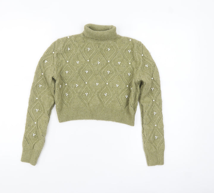 Zara Women Green Roll Neck Beaded Cable-Knit Jumper Size 12