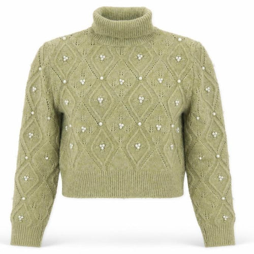 Zara Women Green Roll Neck Beaded Cable-Knit Jumper Size 12