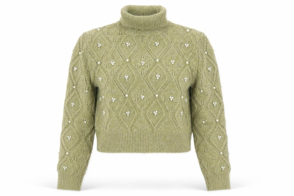 Zara Women Green Roll Neck Beaded Cable-Knit Jumper Size 12