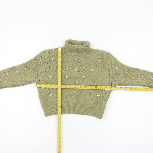 Zara Women Green Roll Neck Beaded Cable-Knit Jumper Size 12
