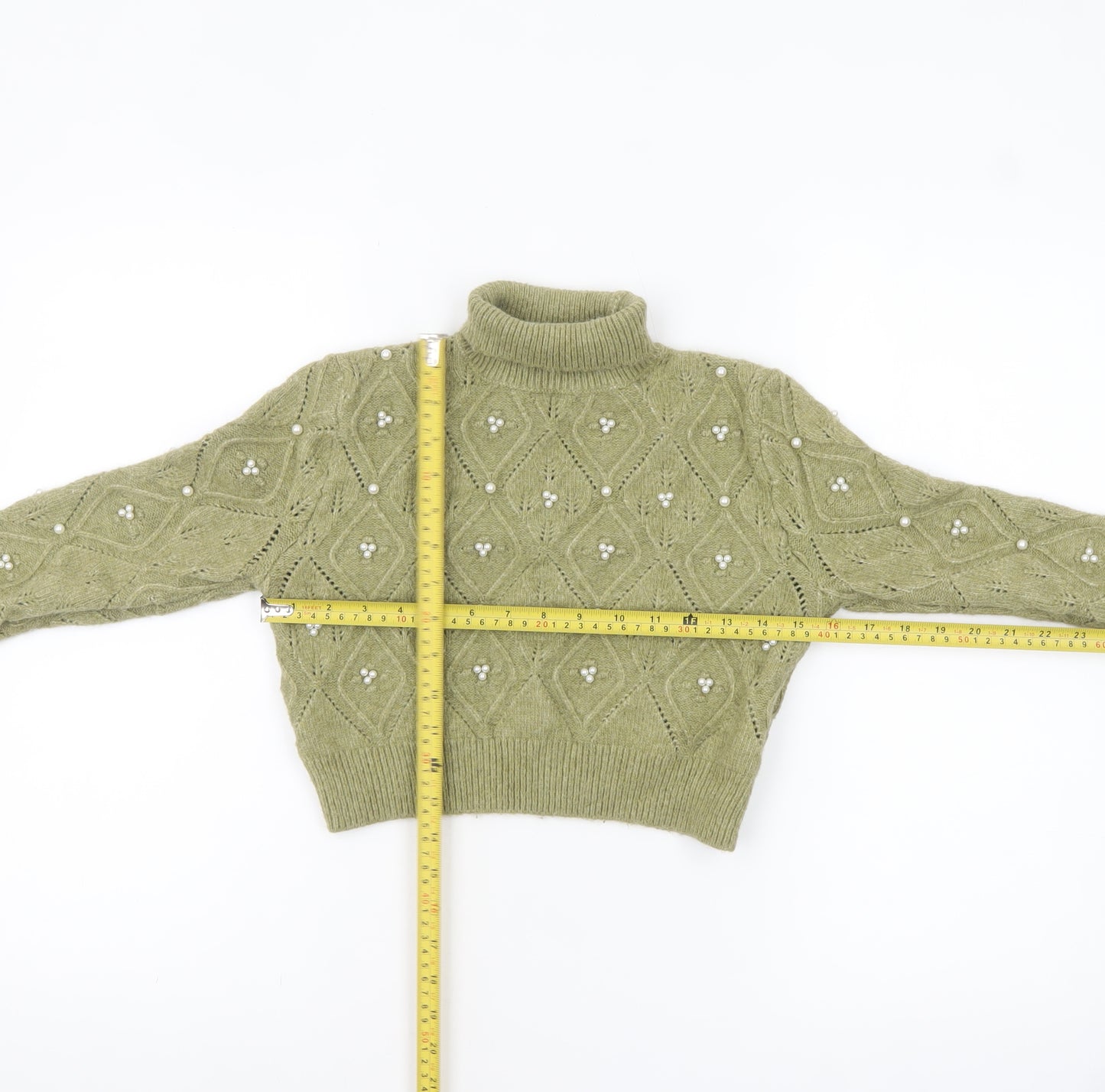 Zara Women Green Roll Neck Beaded Cable-Knit Jumper Size 12