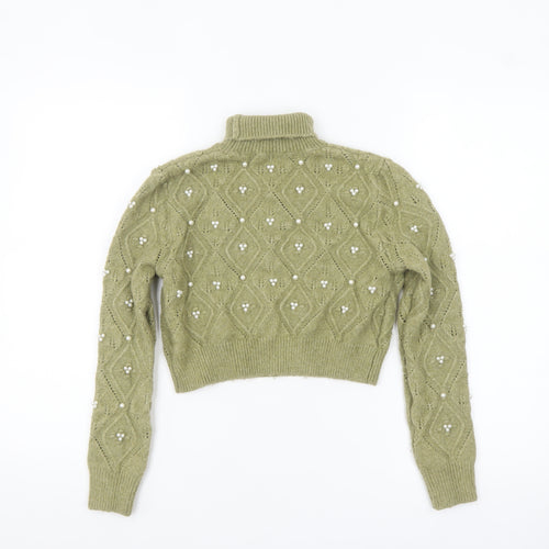 Zara Women Green Roll Neck Beaded Cable-Knit Jumper Size 12