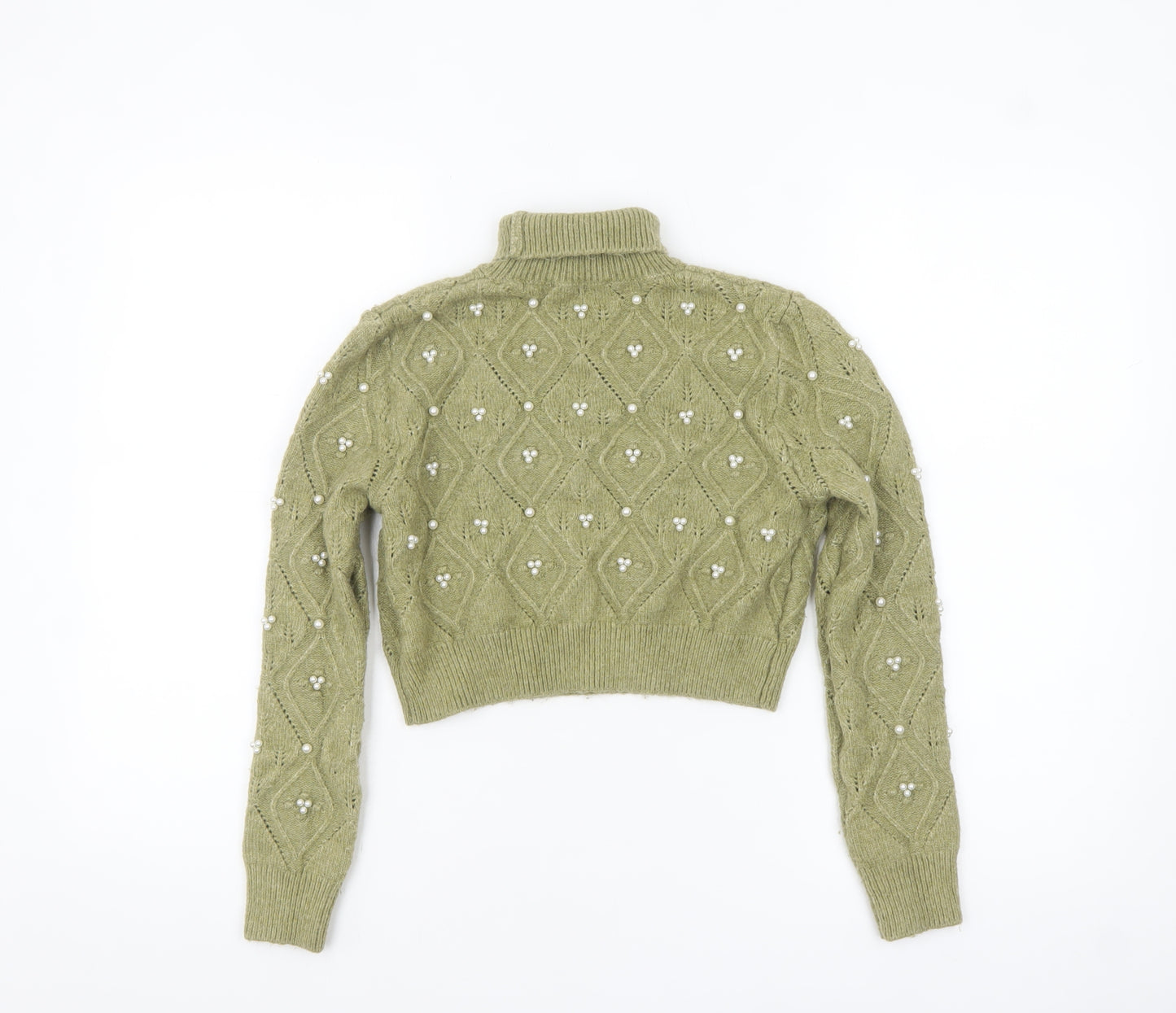 Zara Women Green Roll Neck Beaded Cable-Knit Jumper Size 12