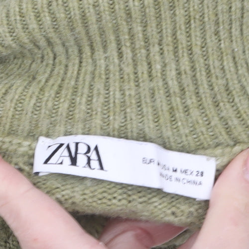 Zara Women Green Roll Neck Beaded Cable-Knit Jumper Size 12