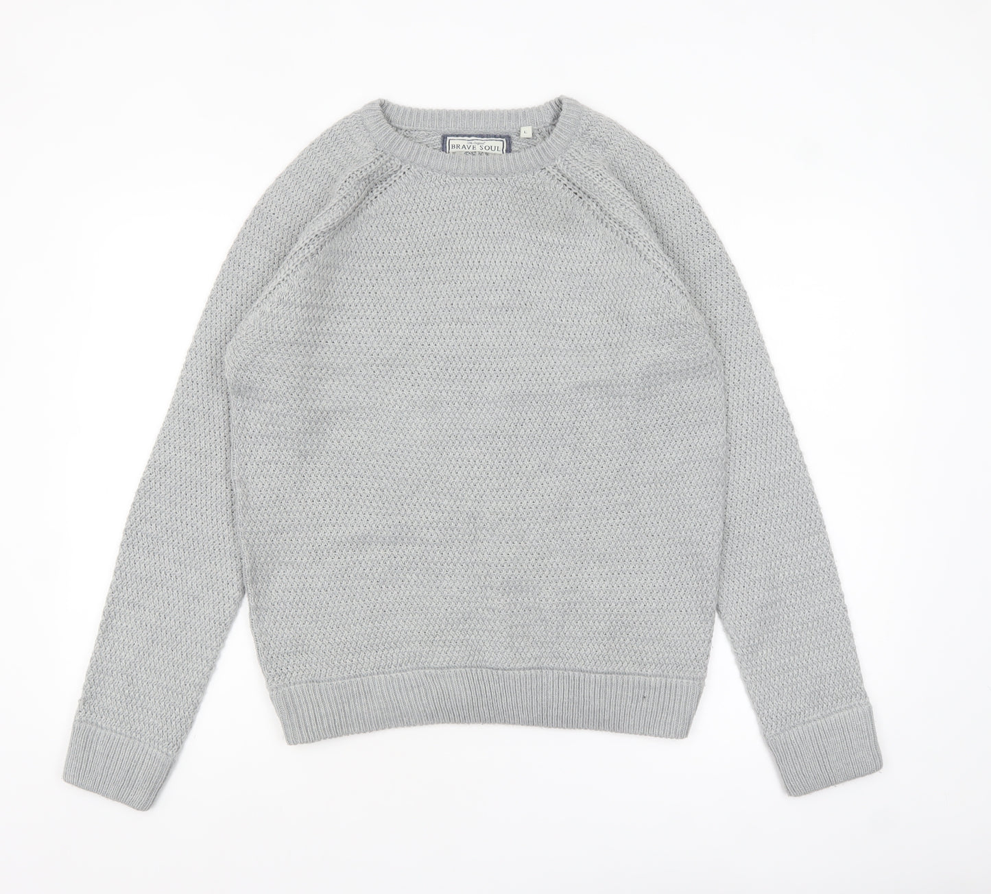 Brave Soul Men's Grey Chunky Knit Crew Neck Jumper Size L