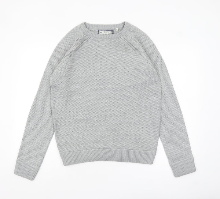 Brave Soul Men's Grey Chunky Knit Crew Neck Jumper Size L
