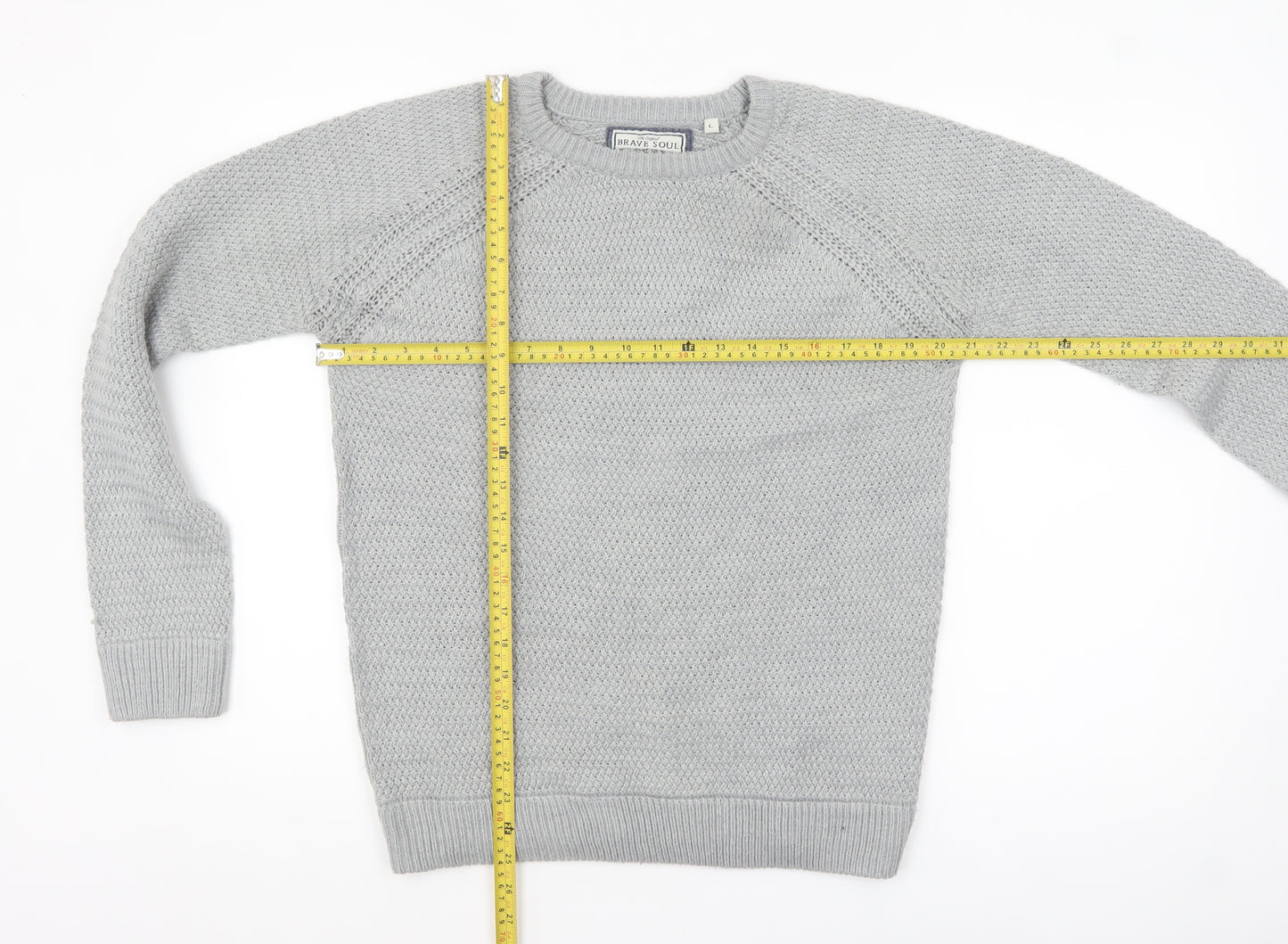Brave Soul Men's Grey Chunky Knit Crew Neck Jumper Size L