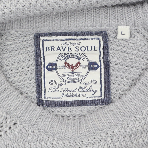 Brave Soul Men's Grey Chunky Knit Crew Neck Jumper Size L