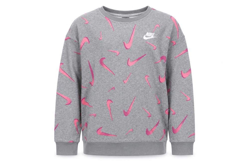 Front view of Nike girls’ grey pink logo pullover sweatshirt xl 14-15 years