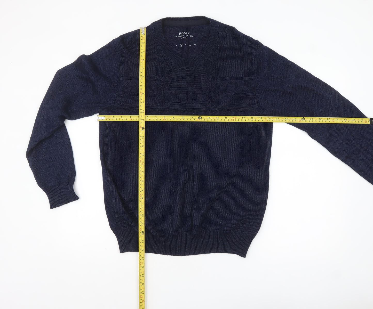 FCUK Men's Blue Cotton Knit Crew Neck Pullover Jumper Size M
