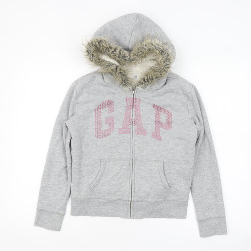GAP Girls Grey Full Zip Fur Trim Hoodie Size 12-13 Years
