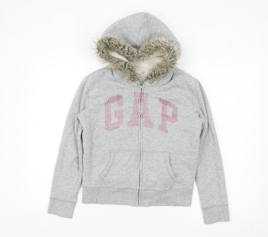 GAP Girls Grey Full Zip Fur Trim Hoodie Size 12-13 Years