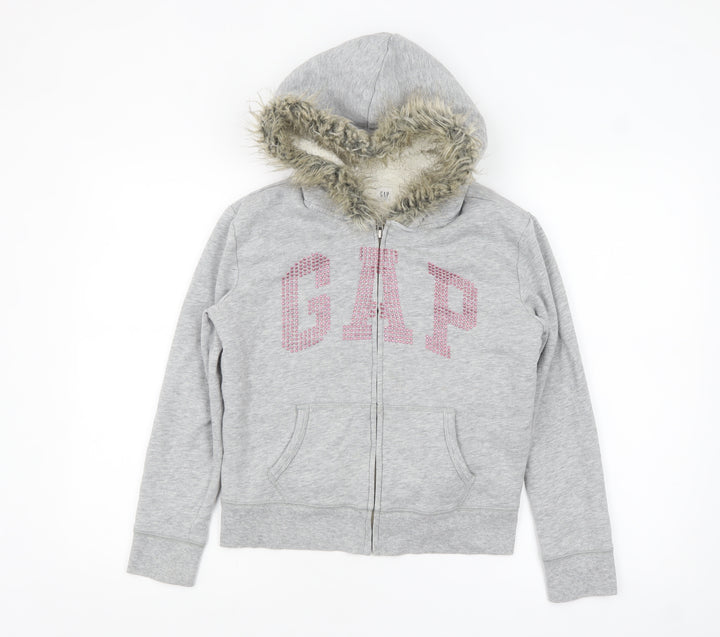GAP Girls Grey Full Zip Fur Trim Hoodie Size 12-13 Years