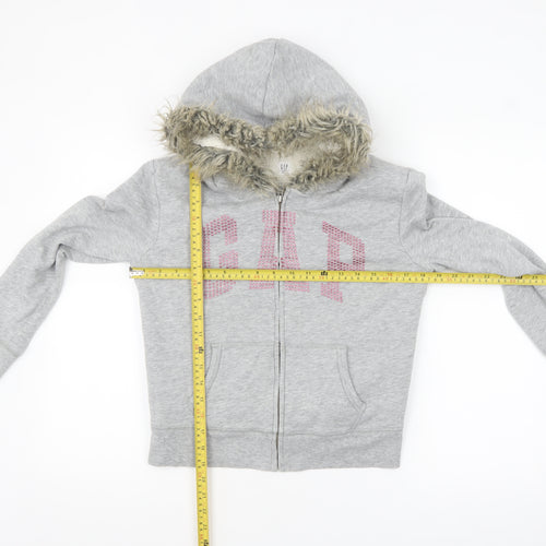 GAP Girls Grey Full Zip Fur Trim Hoodie Size 12-13 Years