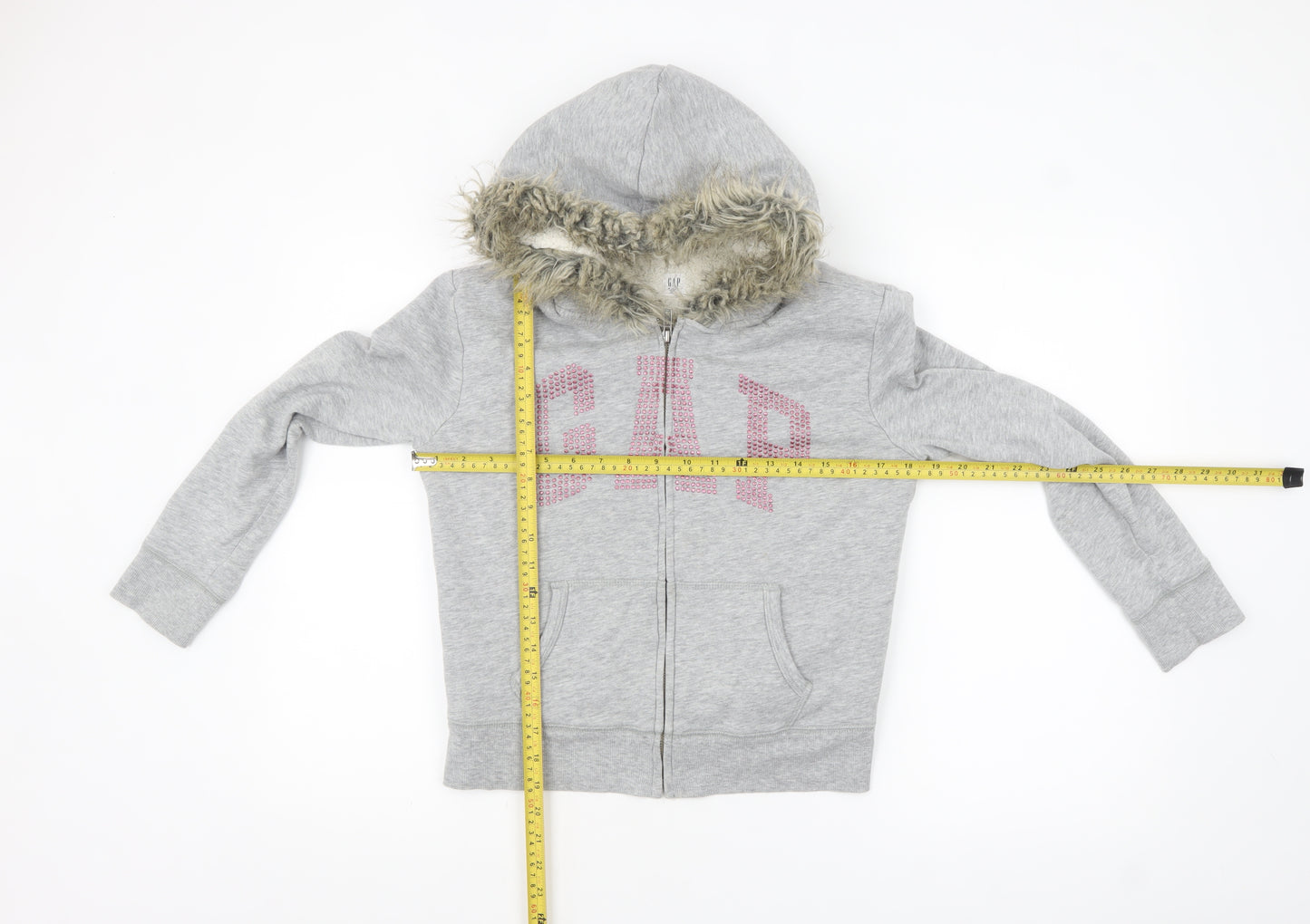 GAP Girls Grey Full Zip Fur Trim Hoodie Size 12-13 Years