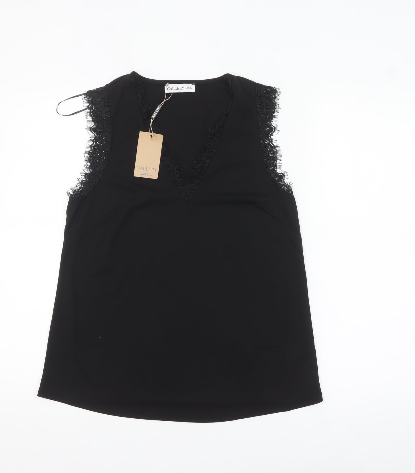 Gallery Women's Black Lace Trim Sleeveless V-Neck Blouse Size S