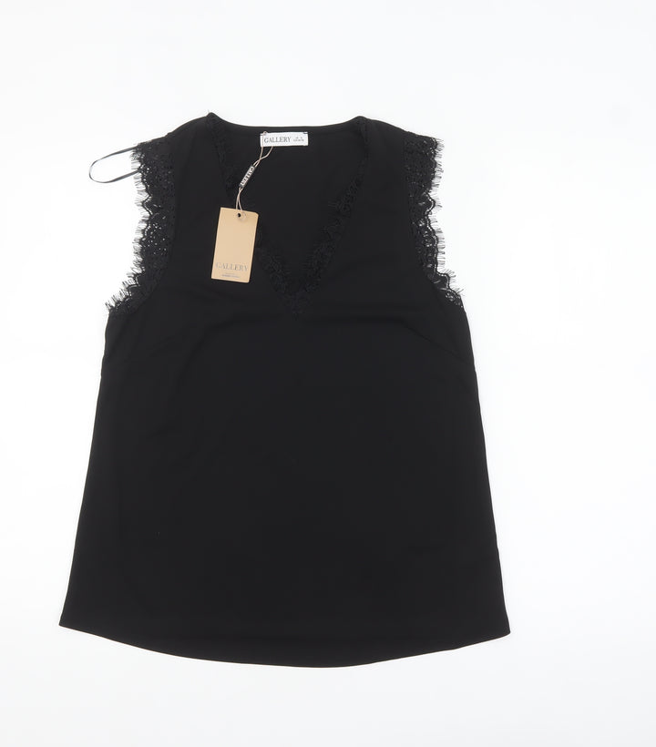 Gallery Women's Black Lace Trim Sleeveless V-Neck Blouse Size S