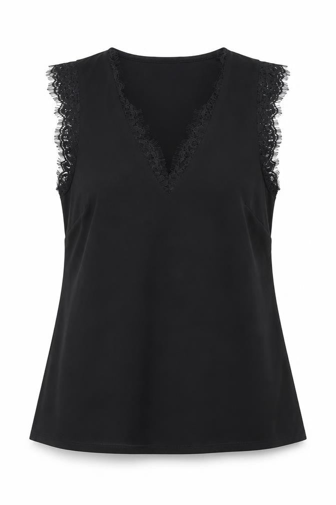 Gallery Women's Black Lace Trim Sleeveless V-Neck Blouse Size S