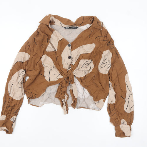 Zara Women's Brown Floral Cropped V-Neck Button Tie Blouse Size S