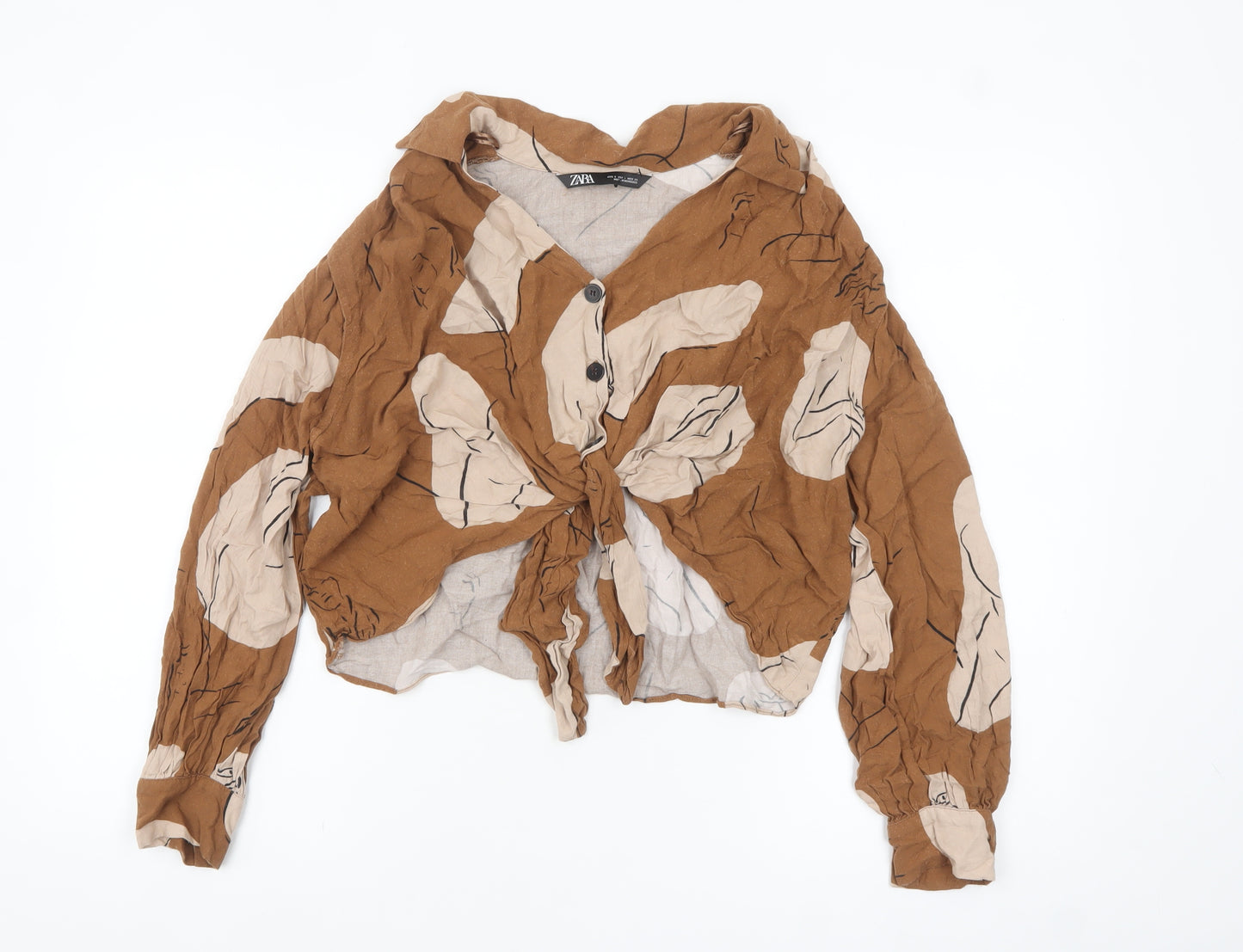 Zara Women's Brown Floral Cropped V-Neck Button Tie Blouse Size S