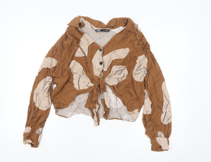 Zara Women's Brown Floral Cropped V-Neck Button Tie Blouse Size S