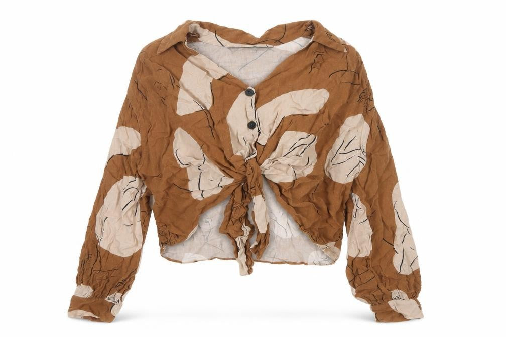 Front view of Zara Women's Brown Floral Cropped V-Neck Button Tie Blouse, size S