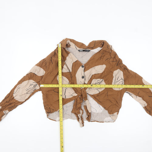 Zara Women's Brown Floral Cropped V-Neck Button Tie Blouse Size S