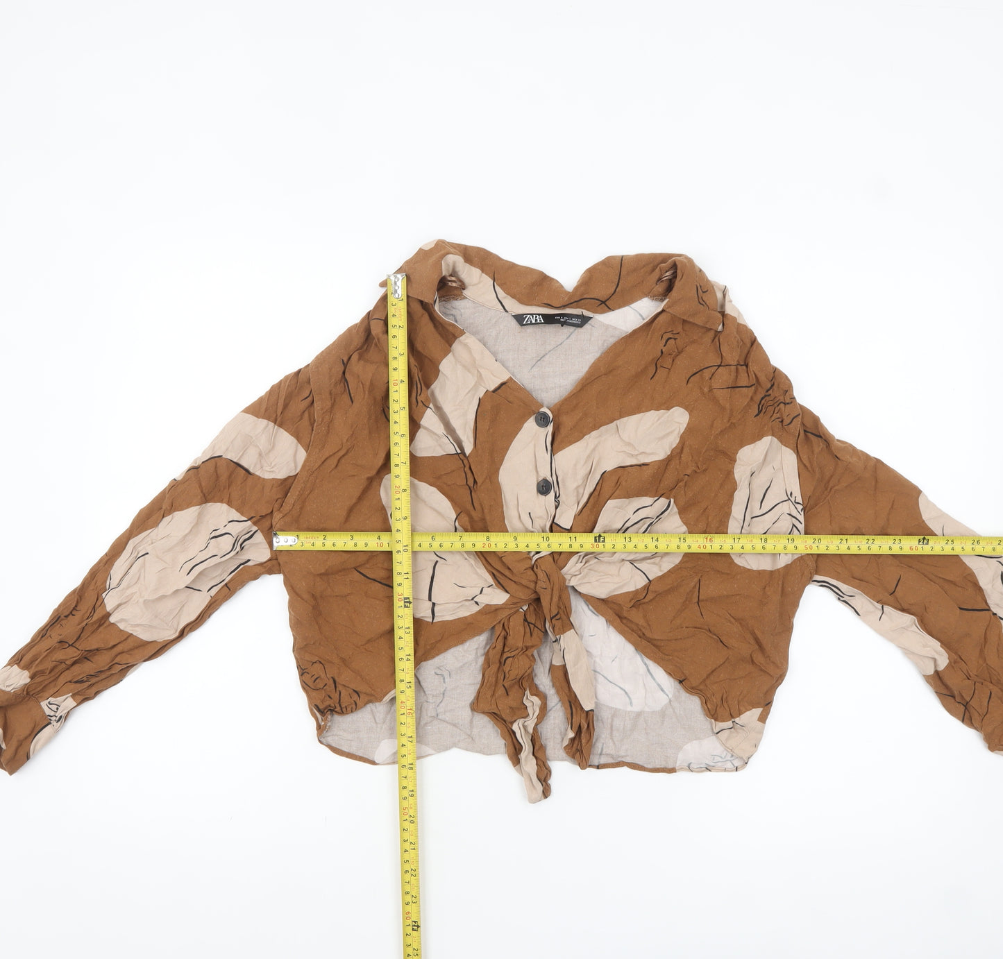 Zara Women's Brown Floral Cropped V-Neck Button Tie Blouse Size S