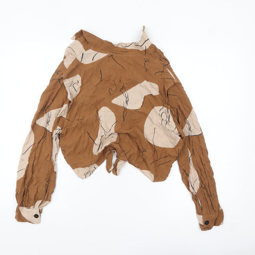 Zara Women's Brown Floral Cropped V-Neck Button Tie Blouse Size S