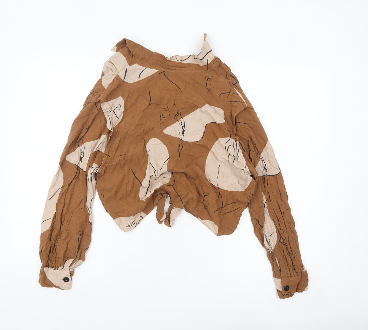 Zara Women's Brown Floral Cropped V-Neck Button Tie Blouse Size S
